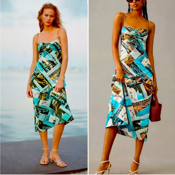 Anthropologie Blue and Green Postcard Print Midi Dress 16 - Picture 1 of 10